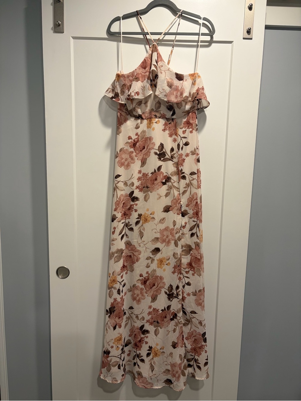 Lovely Day Floral Ruffle Spaghetti-Strap Maxi Dress in Cream, Blush and Brown